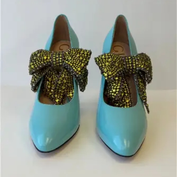 Gucci Light Blue High Heels, Deattachable Yellow Crystal Bow - Picture 2 of 3